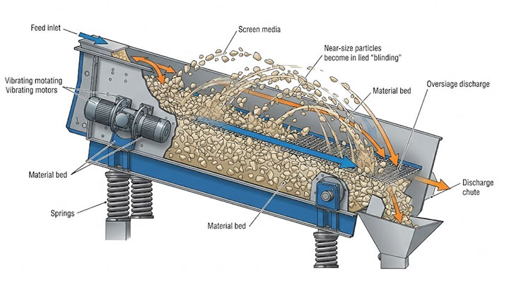 Technical diagram of Dahan linear vibrating screen showing aggressive silica sand throwing action and thick material bed depth.