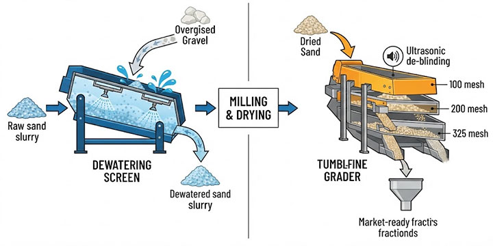 Process flow diagram illustrating Dahan hybrid silica sand screening circuit combining front-end wet linear dewatering screen and back-end dry tumbler screener.