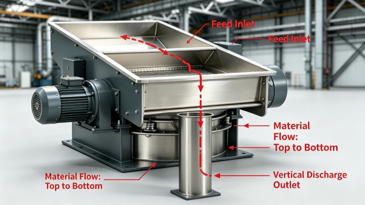 Vertical straight-through discharge design of inline vibrating screen showing inlet and bottom outlet for direct material flow