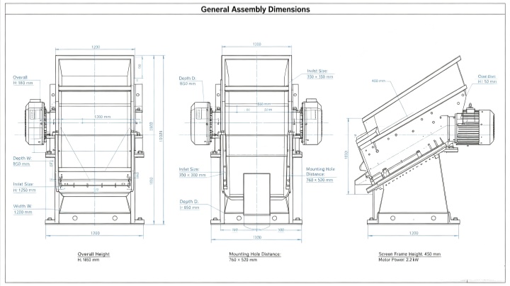 Engineering GA drawing of ZPS-1200 inline vibrating screen with overall dimensions and flange connection sizes