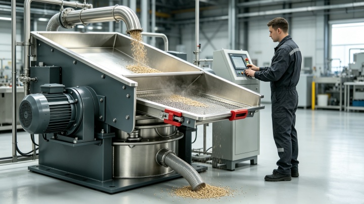 Inline vibrating screen installed in powder processing production line for industrial impurity removal