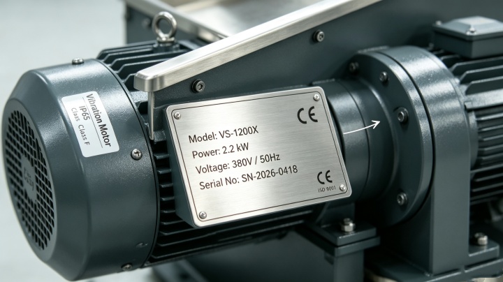 CE certified vibration motor and identification nameplate on ZPS series inline vibrating screen