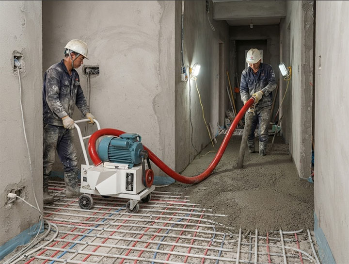 Two workers using a portable Dahan Machinery screw pump to lay floor screed over heating pipes on a construction site.