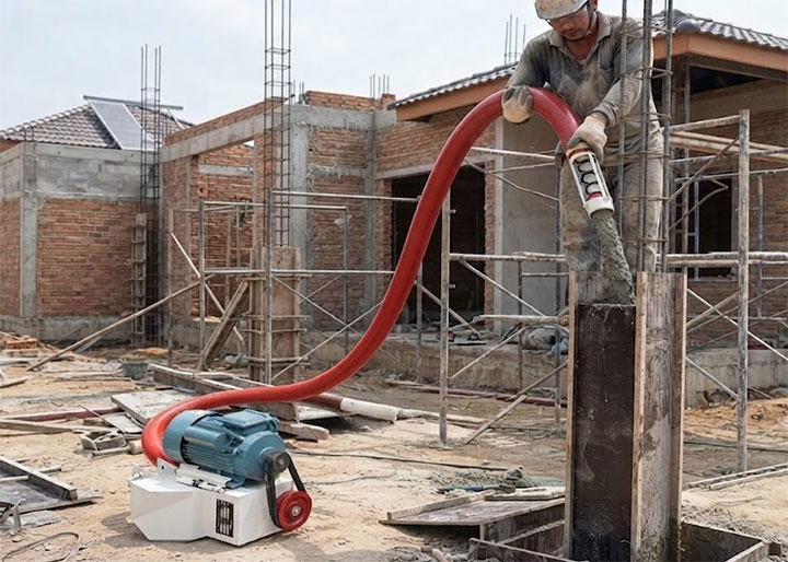 A worker on a construction site uses a portable concrete pump with a red hose to fill a column formwork.