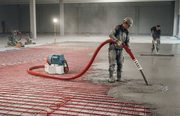 Wide shot of an indoor floor screeding project with workers using a Dahan Machinery screw pump over red underfloor heating pipes.