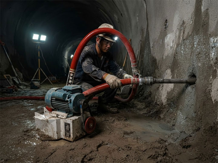A worker in a tunnel uses a portable Dahan Machinery screw pump for controlled grouting and slope stabilization.
