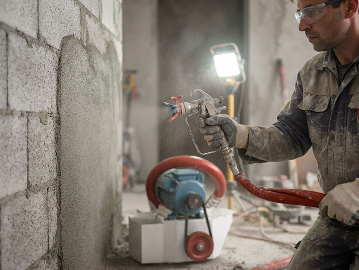 A worker applies a smooth mortar render to a wall using a spray gun connected to a Dahan Machinery pump.
