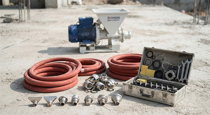 Standard accessories and flexible red delivery hoses for the Dahan Machinery concrete screw pump displayed on a construction site.