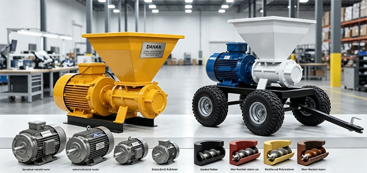 Customizable Dahan Machinery concrete screw pump options showcasing different motor configurations, colors, chassis styles, and wear-resistant stators.