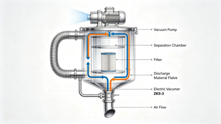 Diagram of electric vacuum conveyor working principle showing vacuum pump, filter, hopper, and discharge valve automatic cycle.