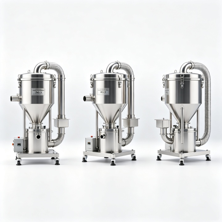 Close-up of electric vacuum conveyor hopper and quick-release clamp connections, highlighting sanitary stainless steel construction.
