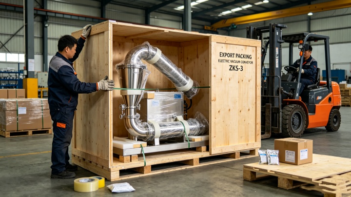 Factory production line of electric vacuum conveyors packed for export, showcasing manufacturing capability and quality control.