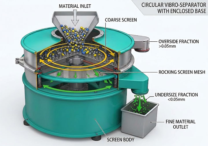 Working principle diagram of industrial circular vibro separator and 3D motion mechanics