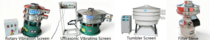 Types of industrial screening machinery including rotary vibration screen, ultrasonic screening machine, tumbler screen, and liquid separator