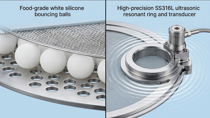 Anti-blinding system featuring food-grade silicone bouncing balls and high-precision ultrasonic resonant ring for industrial vibrating screens