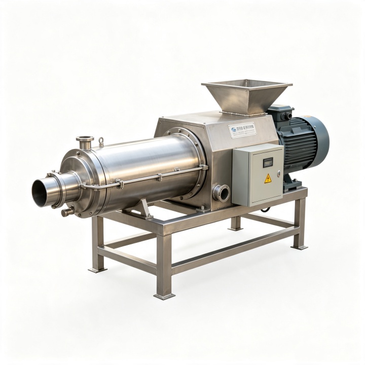 Industrial solid-liquid separator screw press machine with stainless steel housing on white background