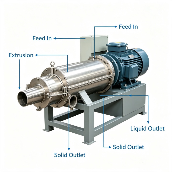 Solid-liquid separator working principle diagram showing feed hopper, screw conveyor, wedge wire screen, liquid discharge and solid outlet