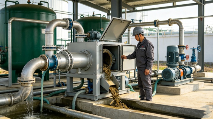 Biogas digestate separation using industrial screw press separator at renewable energy plant