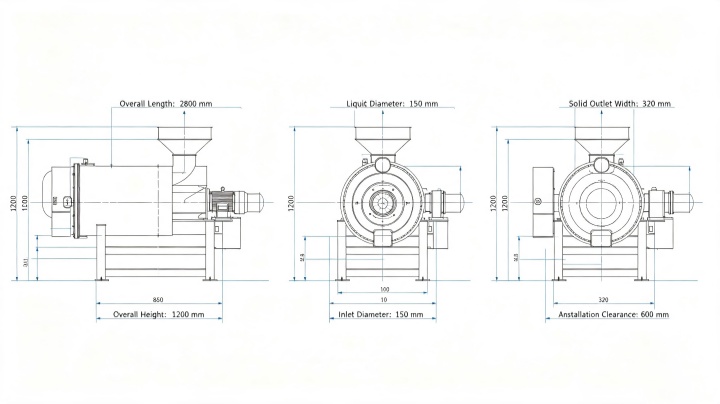 Solid-liquid separator dimension drawing with length width height specifications for installation planning