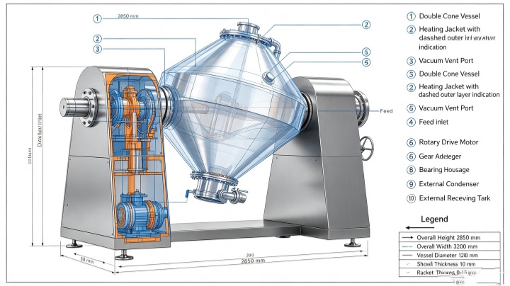 Dimensional drawing of rotary vacuum dryer showing vessel, jacket, vacuum port, and discharge valve locations.