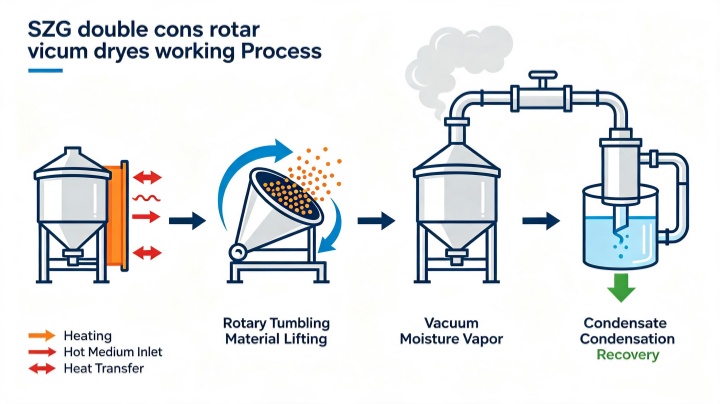 Working principle flow chart of rotary vacuum dryer with heating, tumbling, vacuum evaporation and solvent recovery steps.