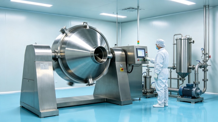 Rotary vacuum dryer in pharmaceutical production line drying API powders under GMP cleanroom conditions.