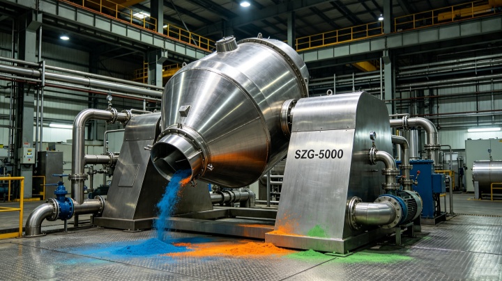 Industrial rotary vacuum dryer used for chemical pigments and dye intermediates drying in manufacturing plant.