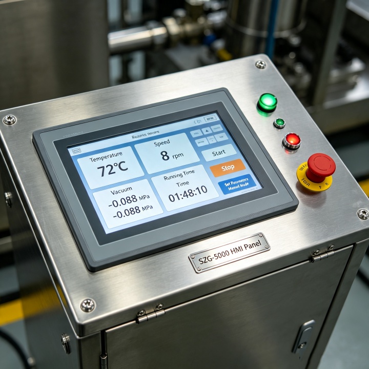 PLC touch screen control panel of rotary vacuum dryer with automatic temperature and rotation speed settings.