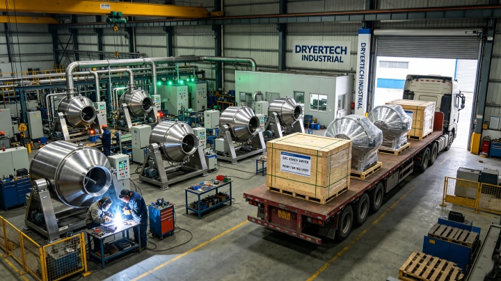 Rotary vacuum dryer factory production line showing welding, assembly, and final inspection before shipping.