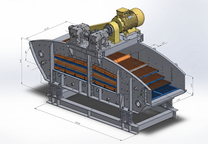 3D CAD engineering model of banana vibrating screen showing multi-slope equal-thickness screening principle
