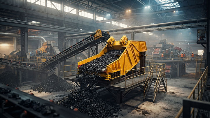 Heavy-duty banana vibrating screen operating in a modern coal preparation plant with multi-slope decks and conveyor feed
