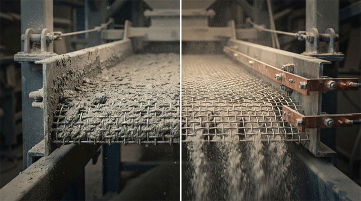 Comparison of vibrating screen mesh clogged with wet limestone powder versus clean mesh using electrical deck heating system