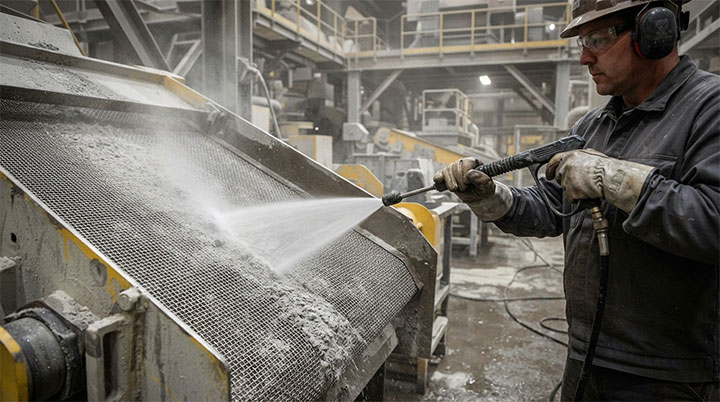 Implement a Regular High-Pressure Washdown Protocol Blinding often hardens over time. If a screen deck is left uncleaned at the end of a shift, fine particles dry out and create a concrete-like cake that permanently ruins the mesh. The Protocol: Establish a mandatory high-pressure water blasting routine at the end of every operational cycle. Crucial Tip: Always blast at a 45-degree angle. Never allow operators to clear blinded mesh using metal scrapers, hammers, or wire brushes. Heavy manual scraping deforms the wire openings, permanently altering your cut size and accelerating future blinding.