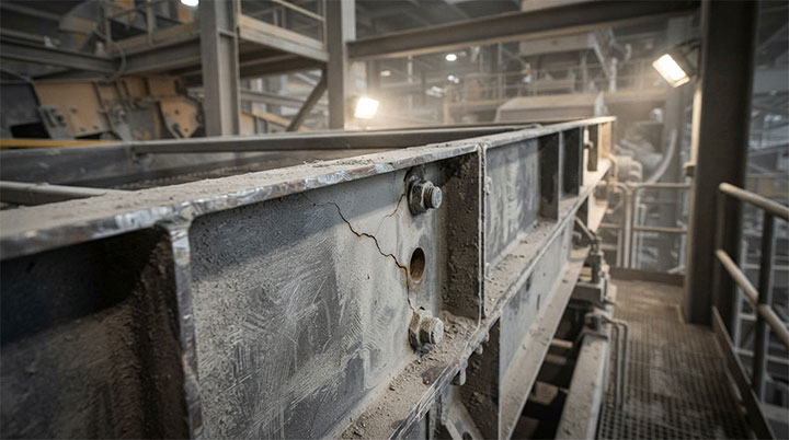 Industrial vibrating screen side plate showing structural fatigue damage and metal cracks caused by excessive vibration intensity