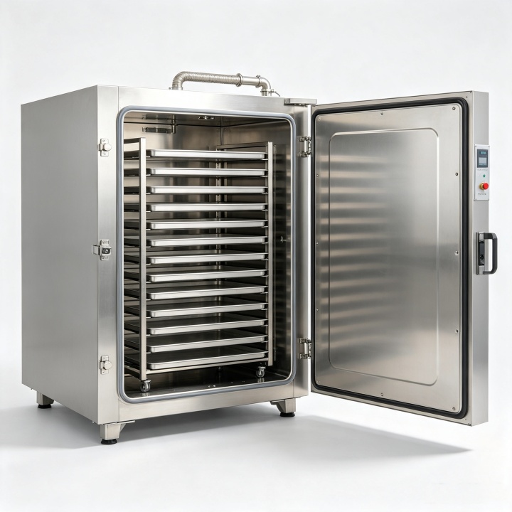 Inside view of stainless steel vacuum drying chamber showing 12 heating layers and 48 removable trays for batch processing.