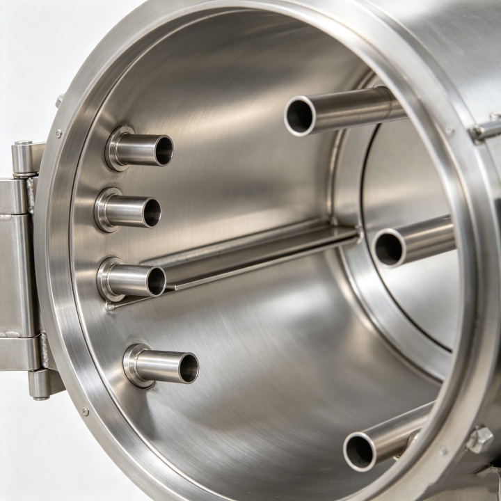 Sanitary design detail of square vacuum dryer with arc-shaped seamless welds and polished surface for easy cleaning and GMP compliance.