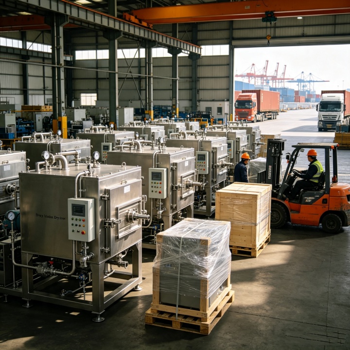 Operator loading material trays into square vacuum tray dryer in a pharmaceutical GMP production workshop.