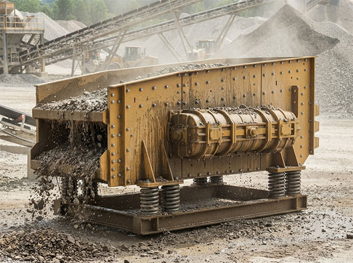 Heavy-duty industrial elliptical vibrating screen operating in an outdoor quarry processing wet crushed rock.