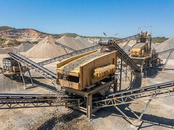 Wide-angle view of a triple-shaft elliptical vibrating screen operating efficiently in a large outdoor aggregate processing plant with conveyor belts and stockpiles.