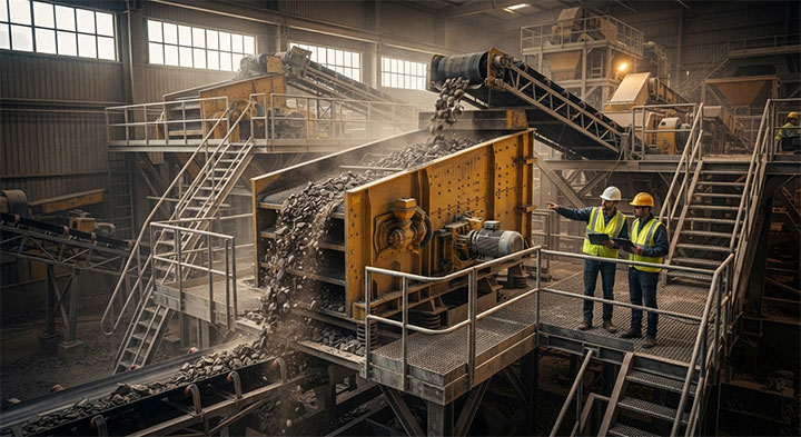 A 3D mechanical engineering render of a modular triple-shaft elliptical vibrating screen with customized motor mounting, demonstrating flexible layout adaptation and multi-deck screening configurations.