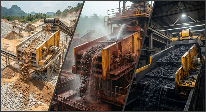 A three-panel industrial composite showing heavy-duty elliptical vibrating screens operating in diverse global environments: aggregate quarry with sticky clay, wet-screening at an iron ore plant, and raw coal dewatering at a preparation facility.