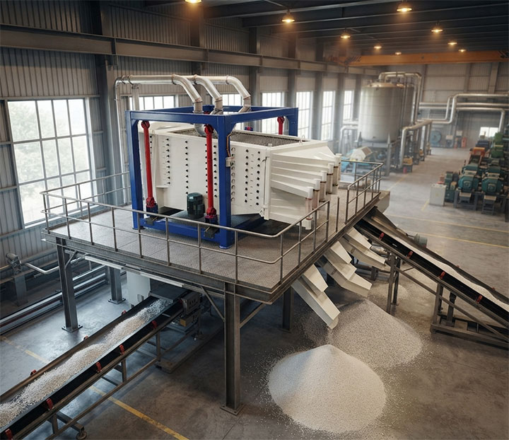 Dahan machinery heavy-duty gyratory vibrating screen working in a clean industrial facility, showing precise grading and multi-outlet material discharge.