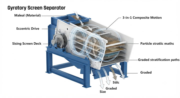 3D technical cutaway and working principle diagram of Dahan gyratory screen separator showing multi-layer screen decks, eccentric drive, and 3-in-1 composite motion trajectory.