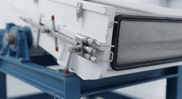 Close-up view of Dahan gyratory screen separator showing the quick-change mesh tensioning system, heavy-duty stainless steel bolts, and durable rubber seals.