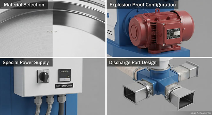 Customization options for Dahan gyratory vibrating screen showing material selection, explosion-proof motor, special power supply, and discharge port design.
