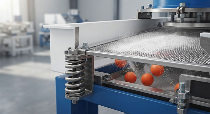 Internal view of Dahan gyratory vibrating screen showing original spare parts including precision screen mesh, bounce cleaning balls, and vibration-resistant springs.