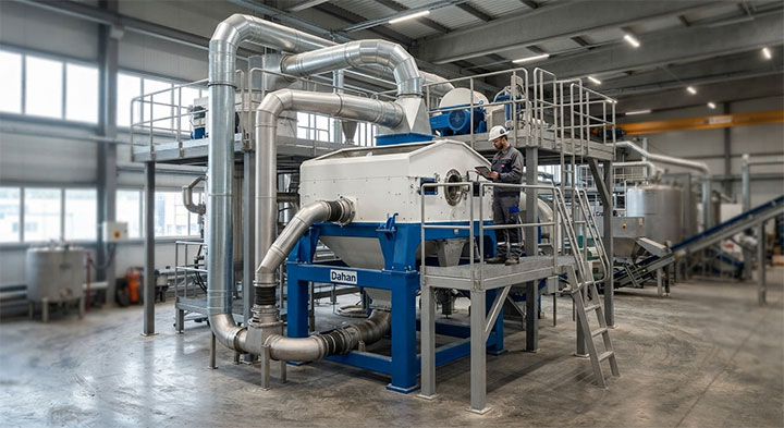 Heavy-duty Dahan gyratory vibrating screen operating in a modern industrial chemical processing plant with connected sealing pipes and an inspecting technician.