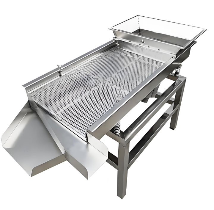 Single-deck stainless steel linear vibrating screen machine manufactured by Dahan Machinery, showcasing SS304/SS316L material build durability for industrial processing.
