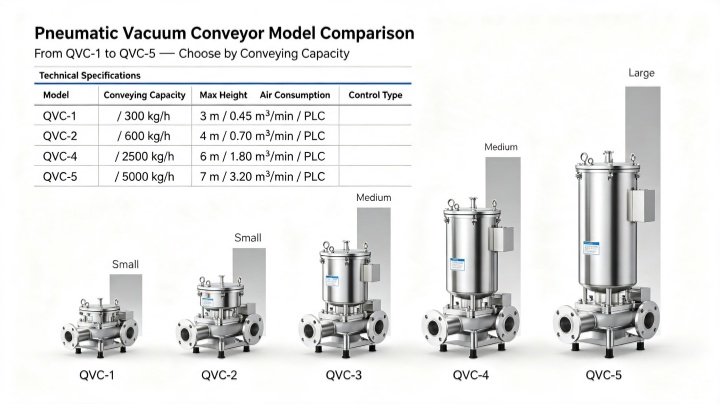 QVC series pneumatic vacuum loader models comparison from 50 kg to 6000 kg per hour capacity