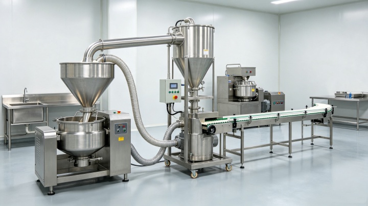 Pneumatic vacuum conveyor feeding tablet press machine in pharmaceutical production line Stainless steel vacuum feeder transferring flour to ribbon blender in food factory Pneumatic vacuum loader conveying chemical powder to reactor in chemical plant